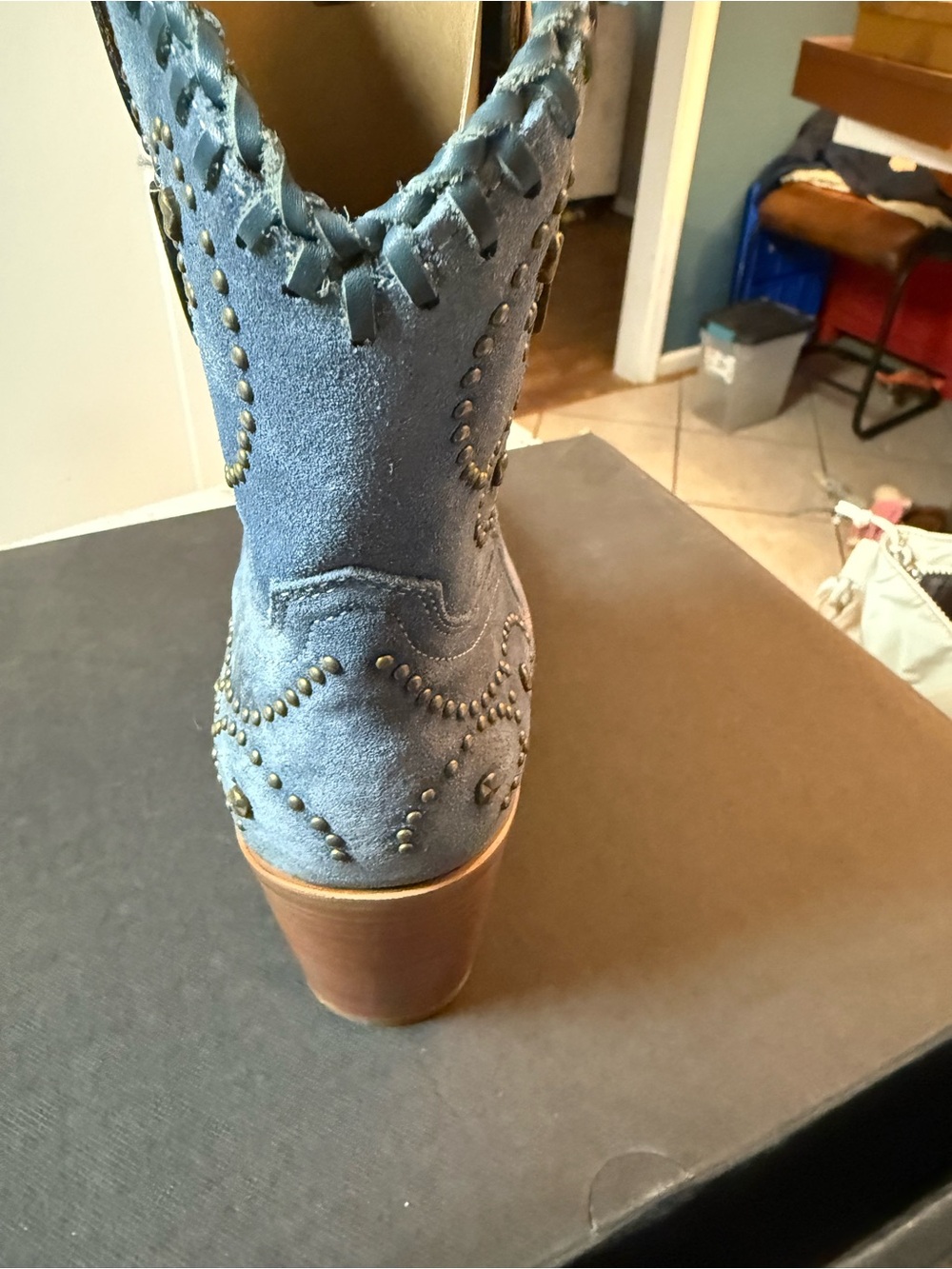 FRYE Blue Suede Studded Western Booties with Tan Sole - Picture 3 of 8